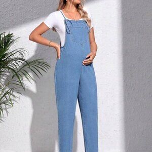 Maternity Jean Overalls Elastic Waist Tie Straps 100% Cotton Shein S
